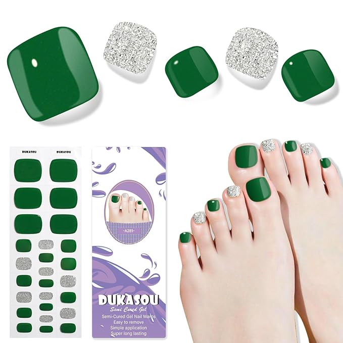 Semi Cured Gel Toe Nail Strips,26 Pcs Toe Nail Stickers Full Nails Wraps(Green),Gel Strips UV Light Required,Easy to Apply