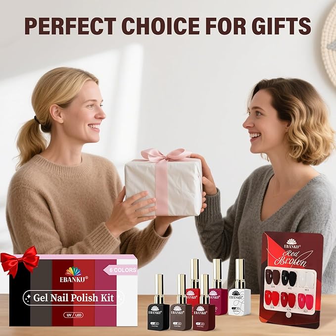 EBANKU 6 Pcs 15ML Red Gel Nail Polish Set- Dark Red Burgundy Gel Polish Same Color Same Bottle Soak Off Gel Polish Kit Nail Art Manicure Christmas Gifts for Women (Dark Red White Black Brown)