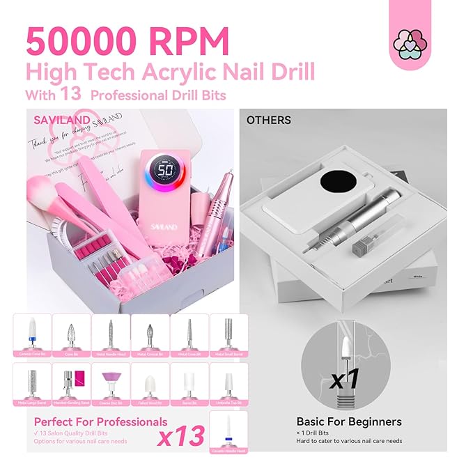 SAVILAND 50000RPM Professional Electric Nail Drill: Portable Nail Buffer Nail Drill Kit for Nail Tech Arylic Nail Tools Electric Nail File Manicure Kit for Women Acrylic Nail Salon