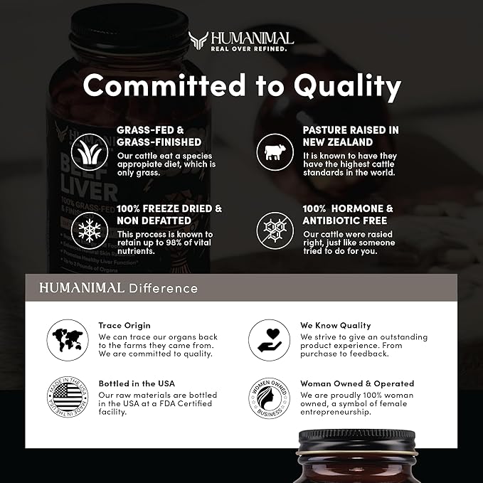 Humanimal Beef Organ Supplement | Beef Organ Capsules | 100% Grass-Fed & Finished, Freeze-Dried | Boosts Whole Body Health | A Blend of Liver, Heart, Kidney, Pancreas & Spleen | Non-GMO, 180 Capsules