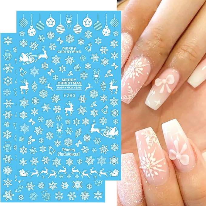 10 Sheets Christmas Nail Stickers 3D Xmas Decals Winter White Snowflake Santa Claus Snowman Bell Reindeer for Women Girls Christmas Designs Decoration Charms