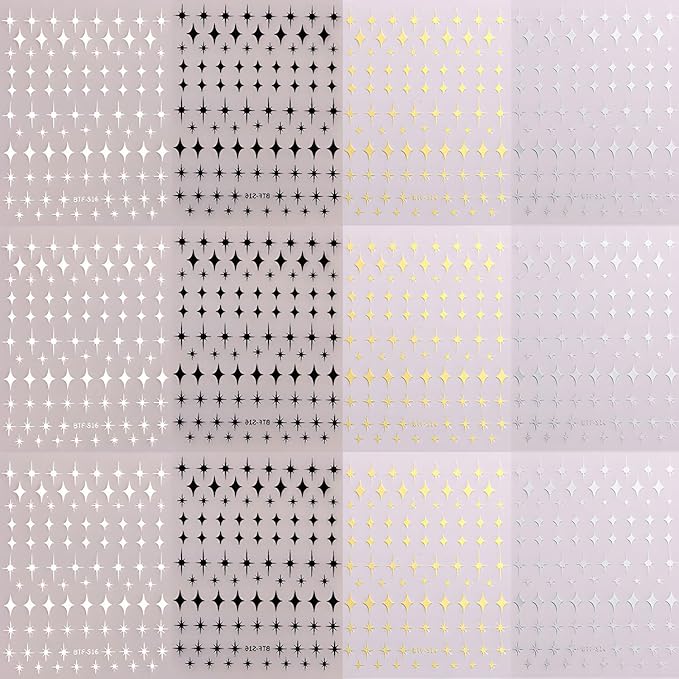 12 Sheets Star Nail Stickers Black White Nail Decals Gold Silvery Stars Design Nail Art Stickers 3D Self-Adhesive Manicure DIY for Women Acrylic Nails Supplies