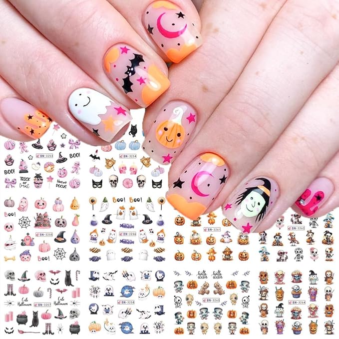 Halloween Pumpkin Nail Art Stickers Decals, 12Pcs Cute Ghost Skeleton Bat Pattern Water Transfer Nail Foils Decals for Halloween Nail Art Decoration Watermark Acrylic Stickers for Manicure DIY Supply