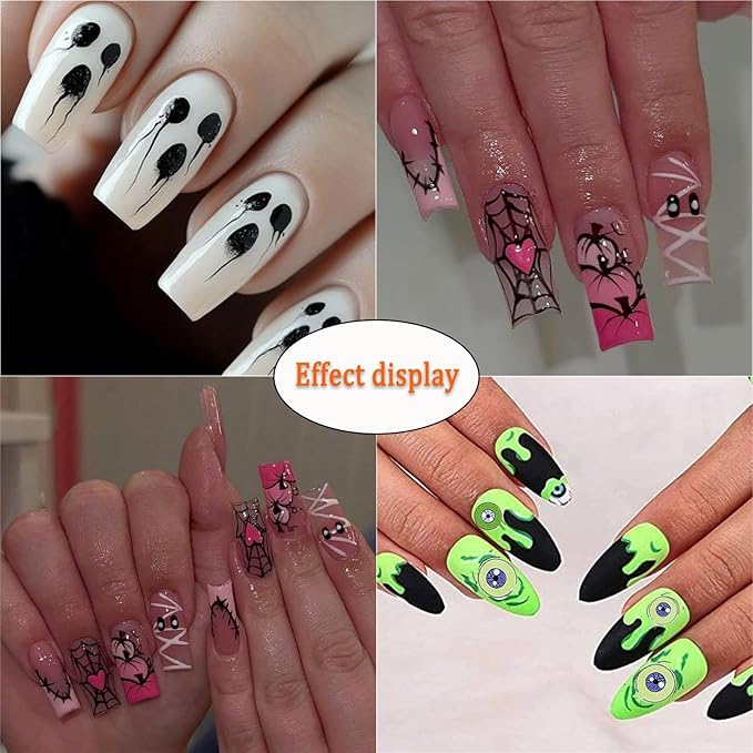 8 Sheets Halloween Nail Art Stickers 3D Self Adhesive French Pink Flame Nail Stickers Pink Pumpkin Heart Spider Web Green Ghost Eye Nail Decals for Women Girls Scary Halloween Manicure Decoration