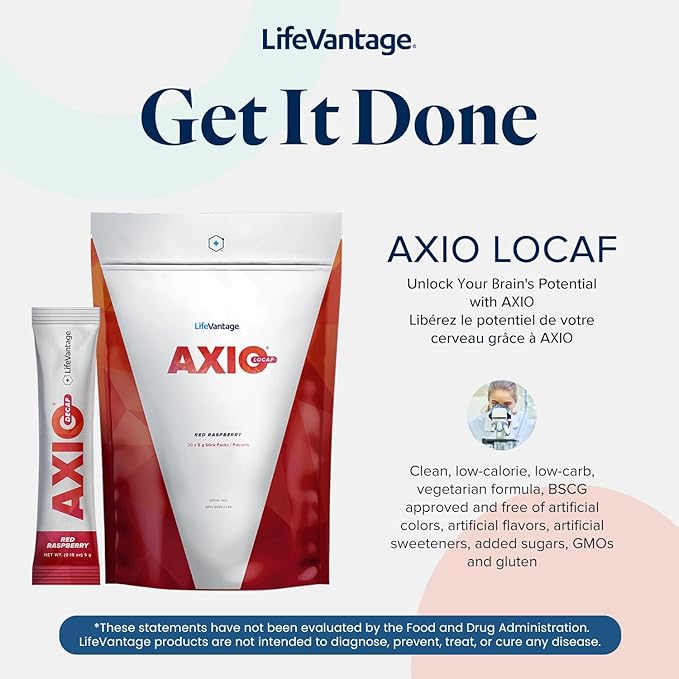 LifeVantage AXIO Regular Energy Drink Powder, Nootropic Supplement, Focus & Mood Support, with L-theanine, Green Tea, B Vitamins, DMAE, Quercetin & Pine Bark, Red Raspberry, 30 Packets