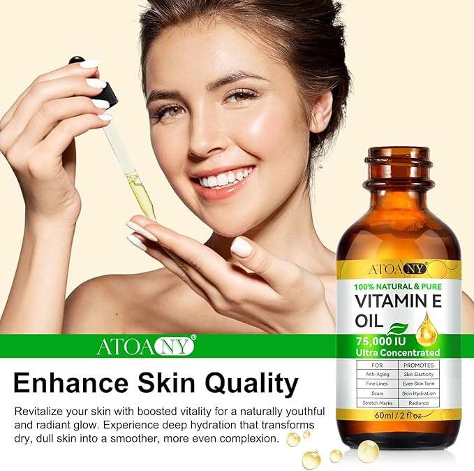 Vitamin E Oil,Natural Vitamin E Oil for Skin 75,000 IU, Organic Pure Vitamins E Oils for Skin Face,Body Bath Moisturizing and Winkles,Reduce Fine Lines & Scars 2Fl Oz