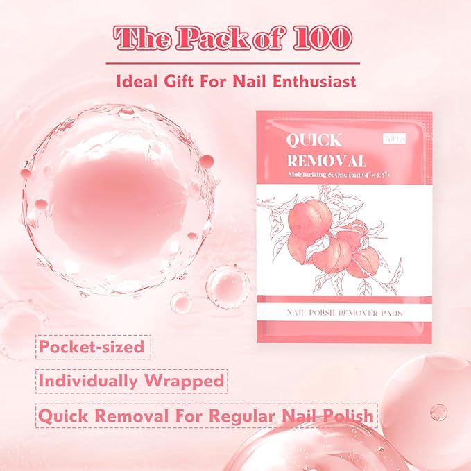 100PCS Nail Polish Remover Pads Acetone Nail Polish Remover Wipes Quickly Remove Nail Polish Wipe Travel-Friendly Large Size Individually Wrapped Moisturizing Wet Wipes For Nails
