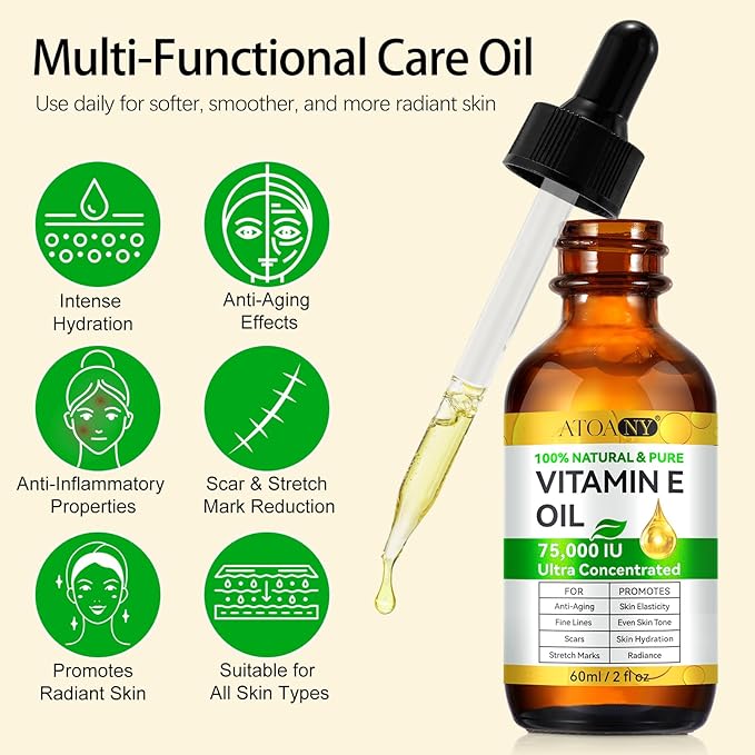 Vitamin E Oil,Natural Vitamin E Oil for Skin 75,000 IU, Organic Pure Vitamins E Oils for Skin Face,Body Bath Moisturizing and Winkles,Reduce Fine Lines & Scars 2Fl Oz