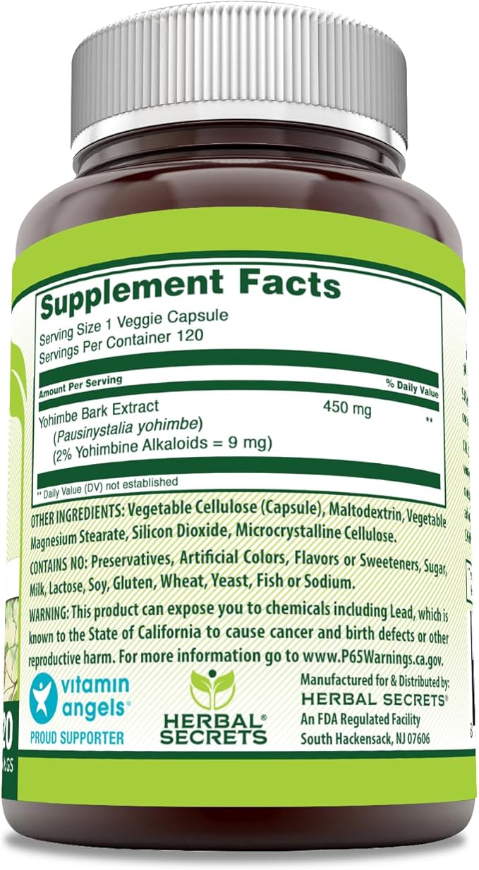 Herbal Secrets Yohimbe Extract 450 mg Supplement | Veggie Capsules | Non-GMO | Gluten Free | Made in USA (1 Pack, 120 Count)