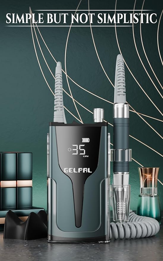 Rechargeable Nail Drill - Brushless Motor - Electric Nail Drill for Acrylic Nails Professional,35000RPM Electric Nail File,Cordless for Home Salon, Low Noise, Low Heat, Blue Grey