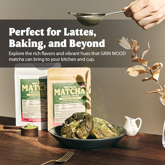 GRIN MOOD Matcha Powder Organic Green Tea Powder - Decaffeinated Green Tea, Authentic Korean Matcha, Halal (3.53oz, Premium Grade)