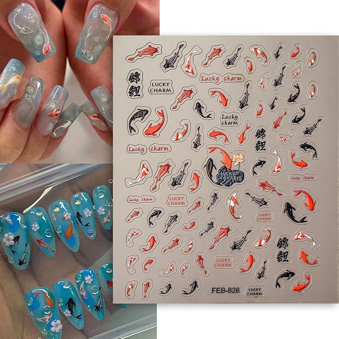 Fish Nail Art Stickers Summer Nail Stickers 5D Embossed Koi Fish Nails Decals Star Design Self Adhesive Nails Supplies for Women