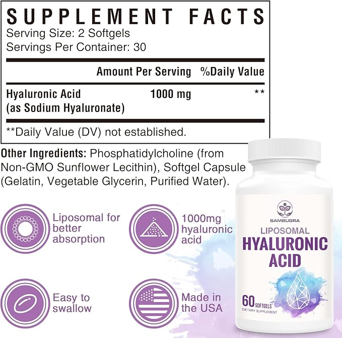 Liposomal Hyaluronic Acid 1000mg, High BioavailabilityHyaluronic Acid Capsules, Dietary Supplement Support Skin and Bones, 180 Capsules (Pack of 3)