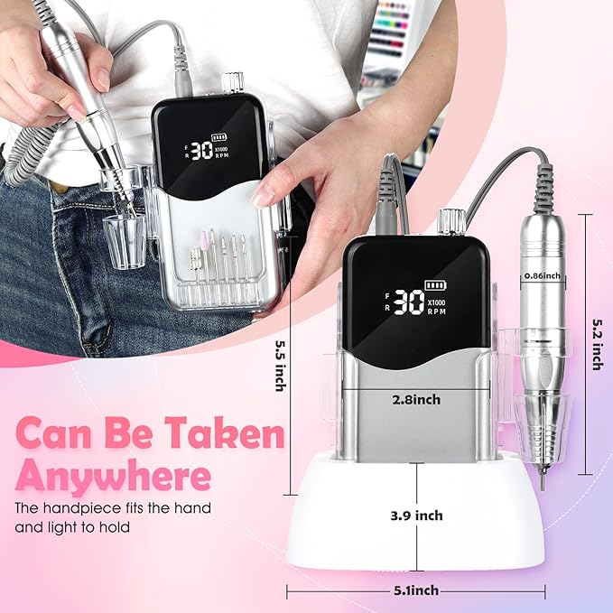 CIVPOWER Nail Drill, Portable Rechargeable Tool Kit with 35000RPM Electric Nail File and LED Display for Manicure, Pedicure, Salon, Home, DIY (White)
