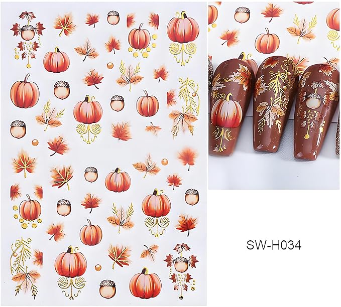 Fall Nail Art Stickers, Cute Fox Nail Art Decals 3D Self-Adhesive Leaves Pumpkin Nails Stickers Fall Flowers Nail Design 3Pcs Nail Art Supplies for Women Fall Nail Decoration