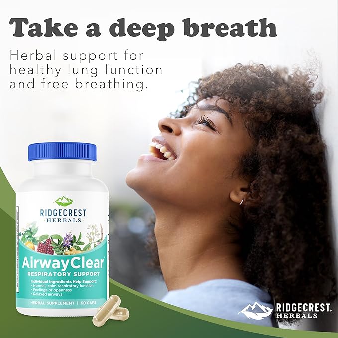 Ridgecrest Herbals AirwayClear, Lung Health and Breathing Support Supplements with Schisandra Fruit, Cassia Bark and Ginger Root, Sinus, Mucus Support, Gluten Free (60 Vegan Caps, 30 Serv)