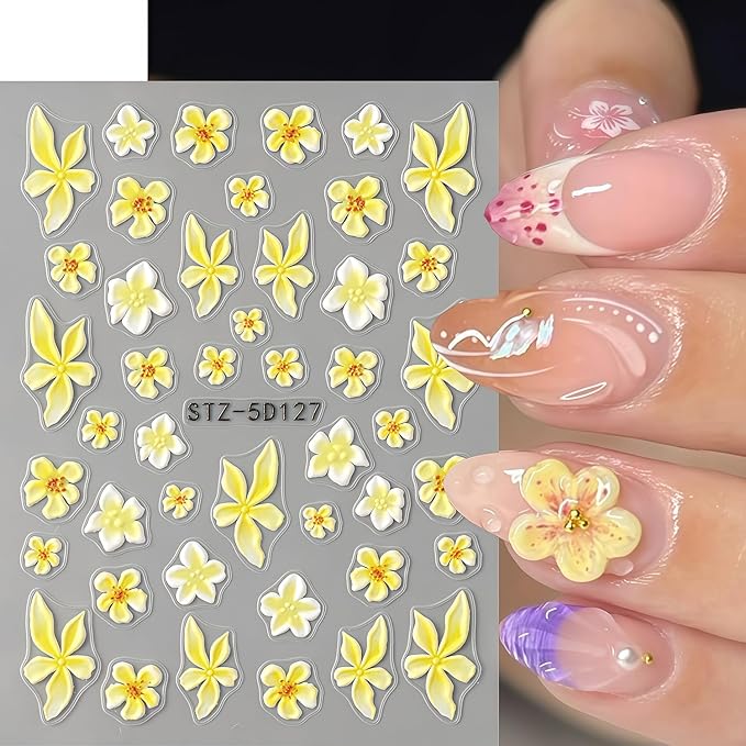 Summer Nail Stickers 5D Embossed Cute Flower Pattern Ocean Colorful Starfish Self-Adhesive Design Nail Art Stickers Beach Nail Decals for Women Festival Vacation Manicure Kit DIY Decoration