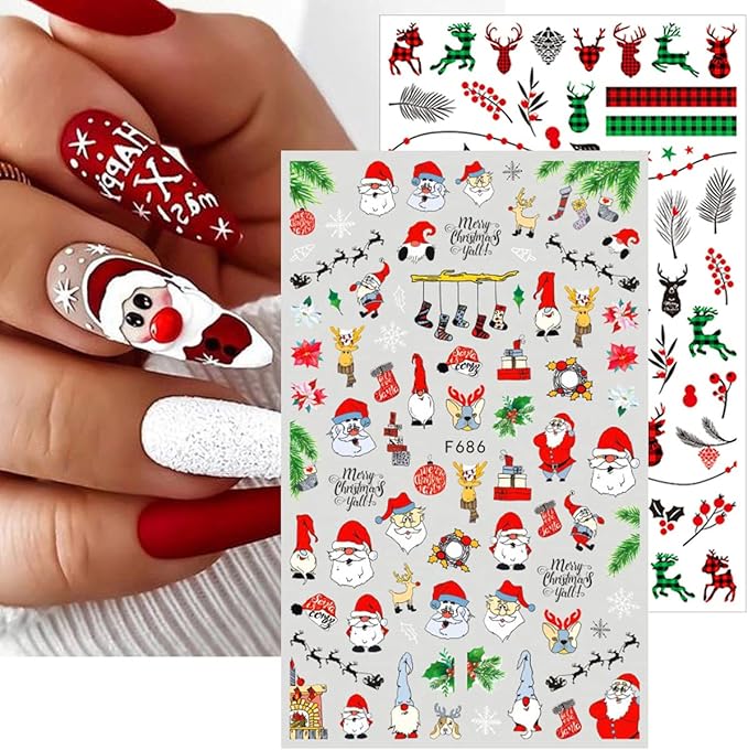 10 Sheets Christmas Nail Art Stickers 3D Xmas Nail Decals Winter Snowflake Santa Claus Snowman Buffalo Plaid Reindeer Nail Stickers for Christmas Nail Designs Decorations Manicure Tips Charms