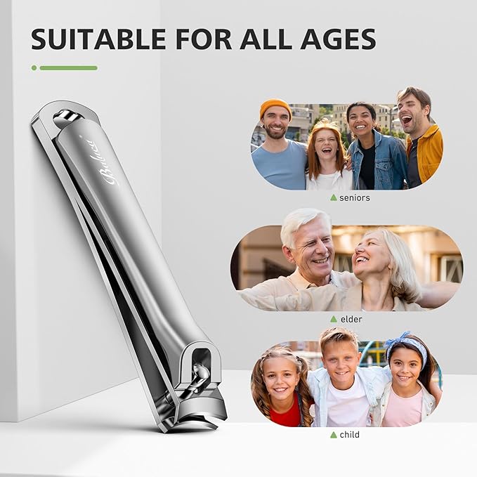 BALUCA Curved Toenail Clipper for Senior for Thick Nails, Professional Finger Nail Clipper for Women for Hard Nails, Stainless Steel Nail Cutter for Accurate Trimming and Grooming,Silver