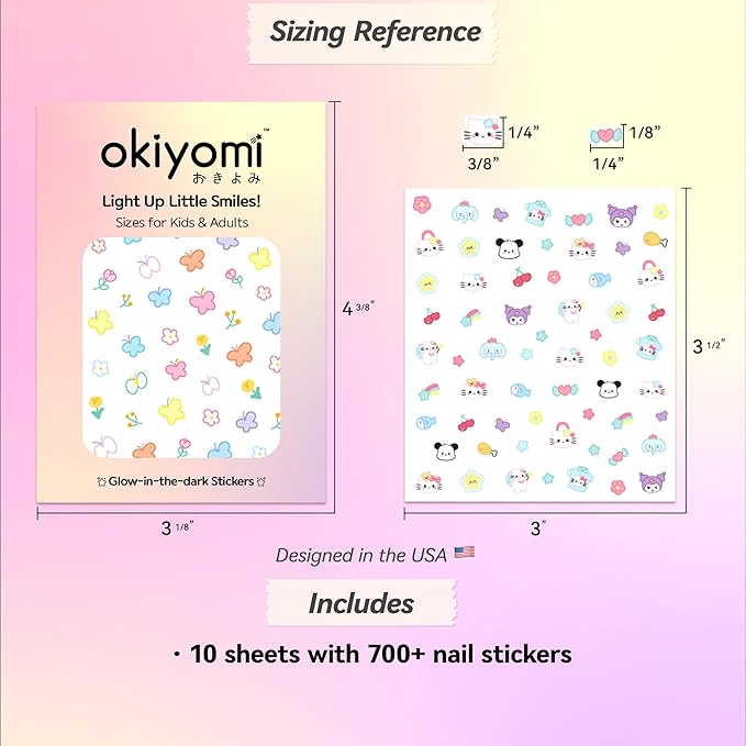 10 Sheets of 3D Nail Stickers - 719 Cute Nail Decals - Embossed Nail Stickers for Kids | Kawaii Theme - Butterfly, Flowers, Cats, Bunny, Stars, Fruits | Glow in The Dark