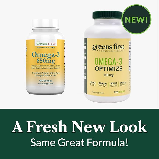 Greens First Omega-3 Optimize Daily Supplement – Ultra-Pure, Potent Marine Oil - for Heart, Brain & Joint Health - High EPA/DHA - Immune Support - 850mg (120 Softgels)