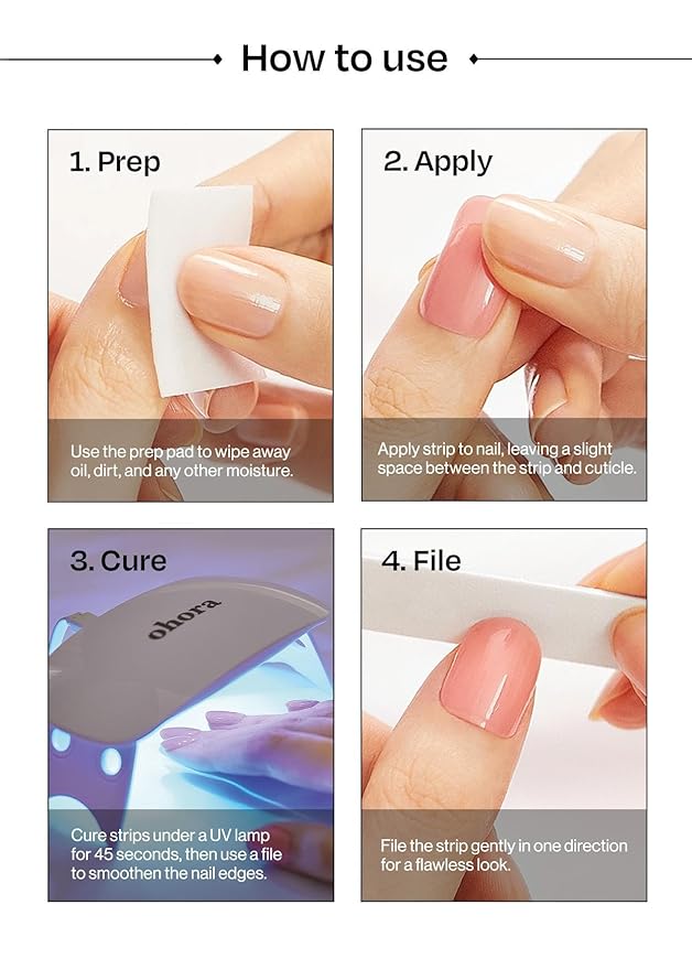 ohora Semi Cured Gel Nail Strips (N Glazed Glow) - White, Glazed, Works with Any UV/LED Lamps, Salon-Quality, Long Lasting, Easy to Apply & Remove - Includes 2 Prep Pads, Nail File & Wooden Stick