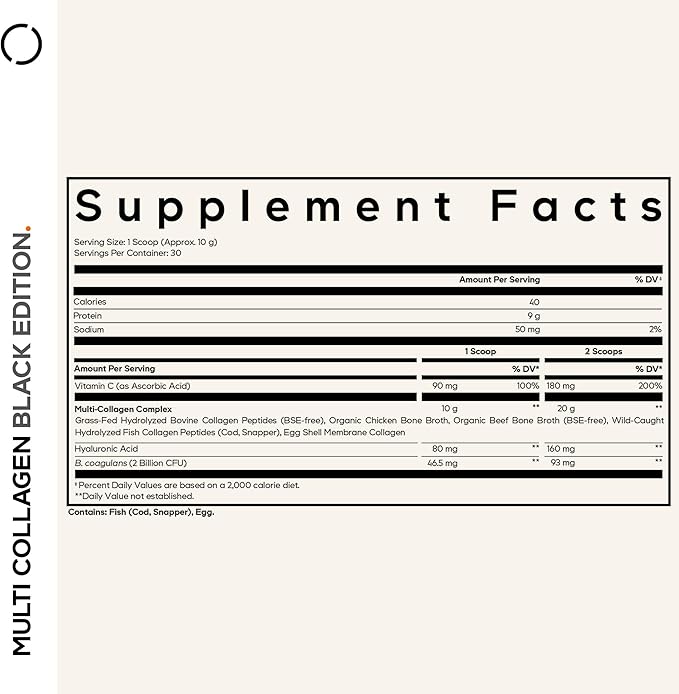 Codeage Multi Collagen Peptides Powder + Probiotics Black Edition, Vitamin C, Hyaluronic Acid Powder Supplement, Grass-Fed, Hydrolyzed, Zero Carbs, Type I, II, III, V & X, Unflavored, 10.58oz