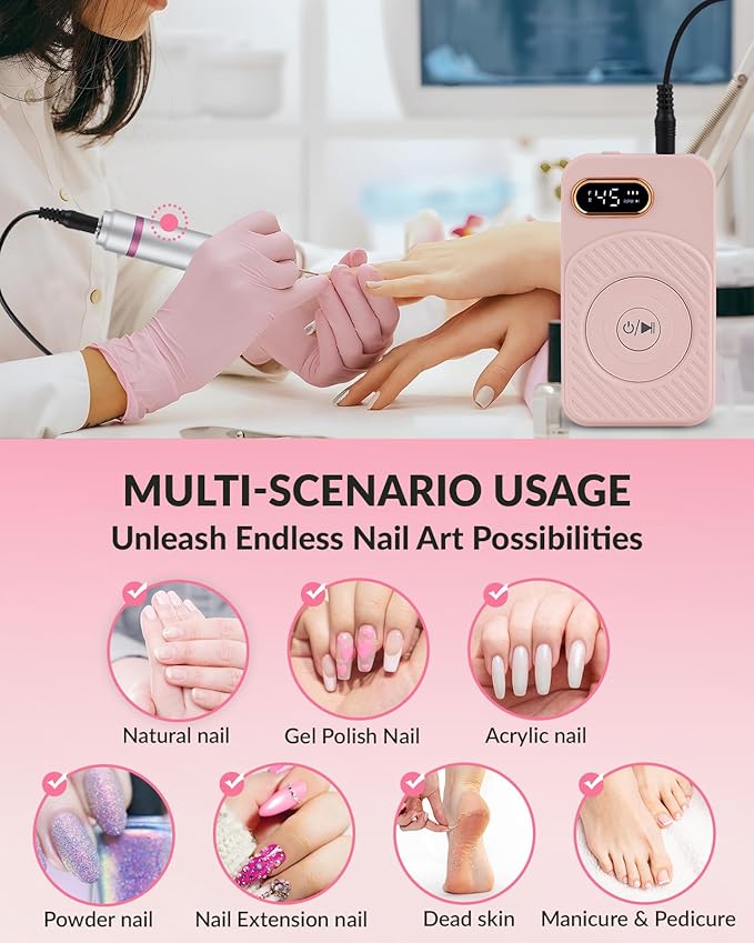 BAOSHISHAN Electric Nail Drill Kit, Rechargeable 45000RPM Nail Drills Professional with 10 Nail Drill Bits and 15 Sanding Bands, Cordless Efile for DIY Home Salon