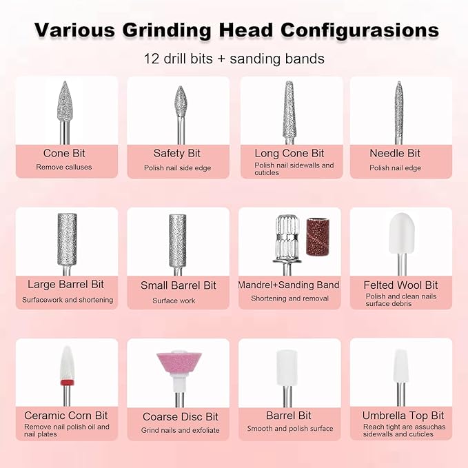 Electric Nail Drill File, Professional 40000RPM Nail E-File Drill, Rechargeable Cordless Nail Drill with Bits & Base for Acrylic Nails Remove Nail Gel Polish Manicure for Home Salon Use (Pink)