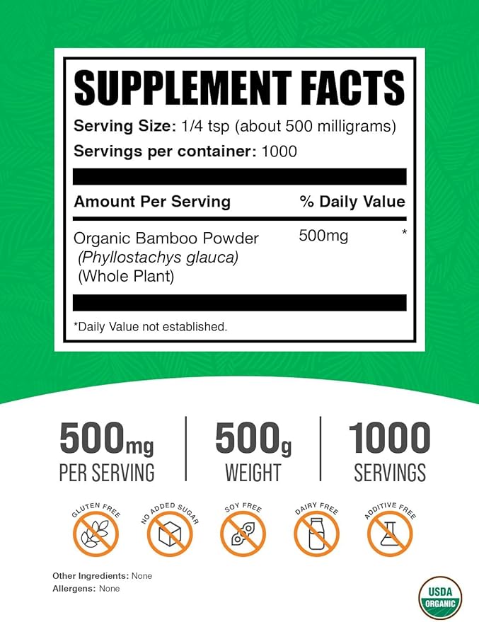BulkSupplements.com Organic Bamboo Powder - Silica Supplements, Bamboo Supplement - Gluten Free, 500mg per Serving, 500g (1.1 lbs) (Pack of 1)