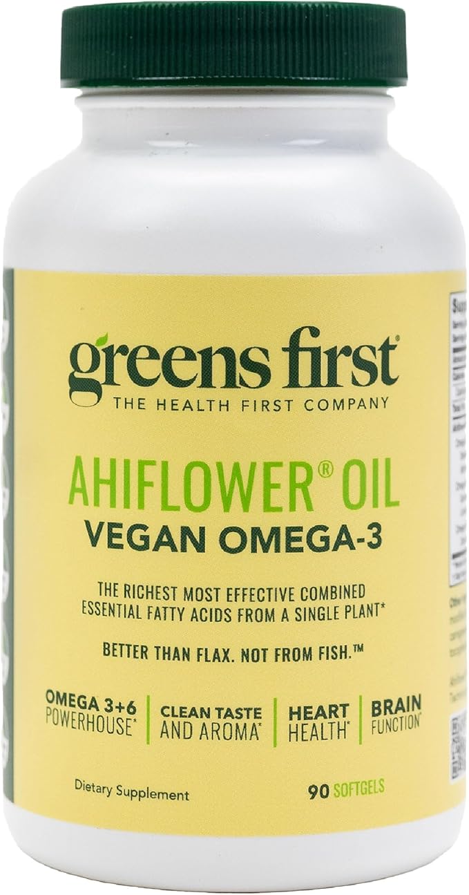 Greens First Ahiflower Oil Plant-Based Omega-3 Supplement – Vegan Omega-3 to Support Brain, Immune, Joint & Heart Health - Essential Fatty Acids - Gluten-Free/Dairy-Free/Soy-Free (90 Softgels)