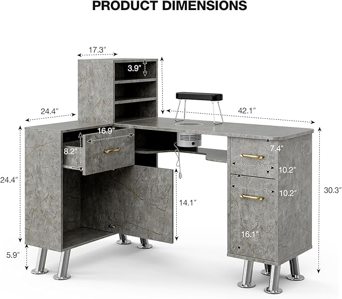 Manicure Table with Shelves, L-Shaped Nail Table Station Marbling Texture w/Electric Downdraft Vent, Foldable Nail Arm Rest, Storage Cabinets, Drawers, Metal Handles & Legs for Nail Tech(Grey)