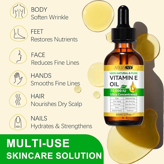 Vitamin E Oil,Natural Vitamin E Oil for Skin 75,000 IU, Organic Pure Vitamins E Oils for Skin Face,Body Bath Moisturizing and Winkles,Reduce Fine Lines & Scars 2Fl Oz