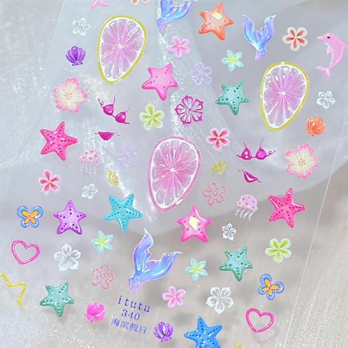 Summer Nail Stickers Ocean Shell Jellyfish Mermaid Nail Art Stickers 5D Embossed Nails Design Flowers Fruit Grapefruit Starfish Nail Decal for Women DIY Nail Decorations 1Sheets