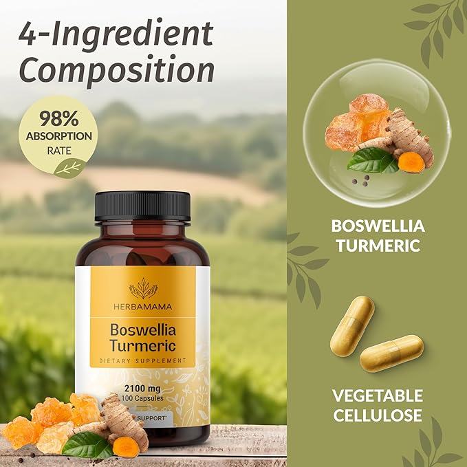 HERBAMAMA Turmeric and Boswellia Extract Capsules - 2100mg Boswellia Serrata & Turmeric Complex with Black Pepper Extract - Vegan, Non-GMO, 95% Curcuminoids Antioxidant Supplement, 100 Caps