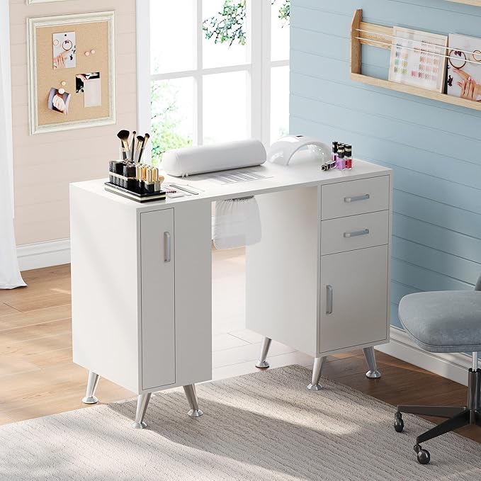 Manicure Table with Dust Collector, 42" Corner Nail Desk for Nail Tech with Pull-Out Polish Display Rack Arm Rest, Acetone Resistant Top, Drawers and Storage Cabinet