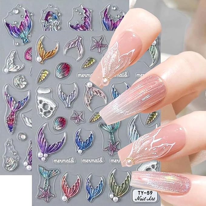 Colorful Mermaid Tail Nail Art Stickers 5D Embossed Ocean Fish Tail Nail Decals with Pearl Design Nail Sticker Self-Adhesive Seashell Starfish Nail Decal Summer Sea Nails Supply for Women Nails Decor