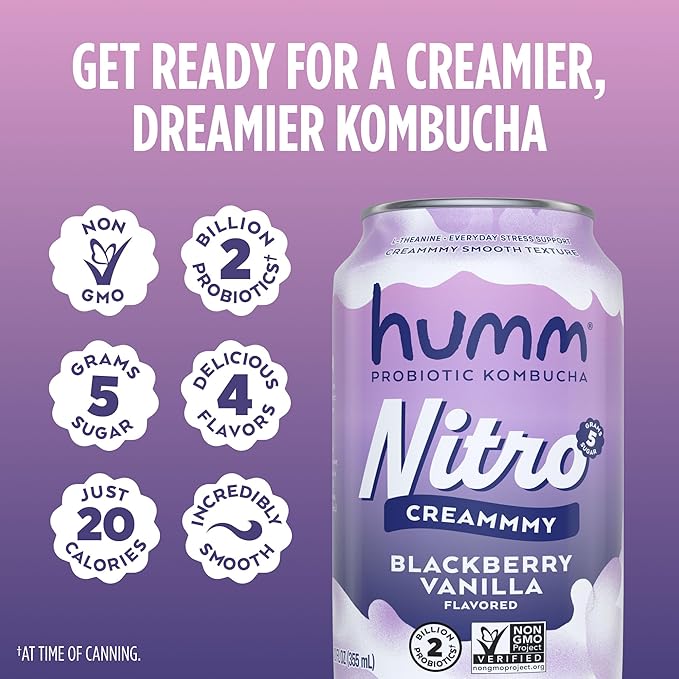 Humm Nitro Kombucha Variety Pack, Creamy Smooth Probiotic Drink with L-Theanine, Includes Blackberry Vanilla, Orange Dream Pop & Strawberry Vanilla, Non-GMO, Vegan, Gluten Free, 12 fl oz (Pack of 12)