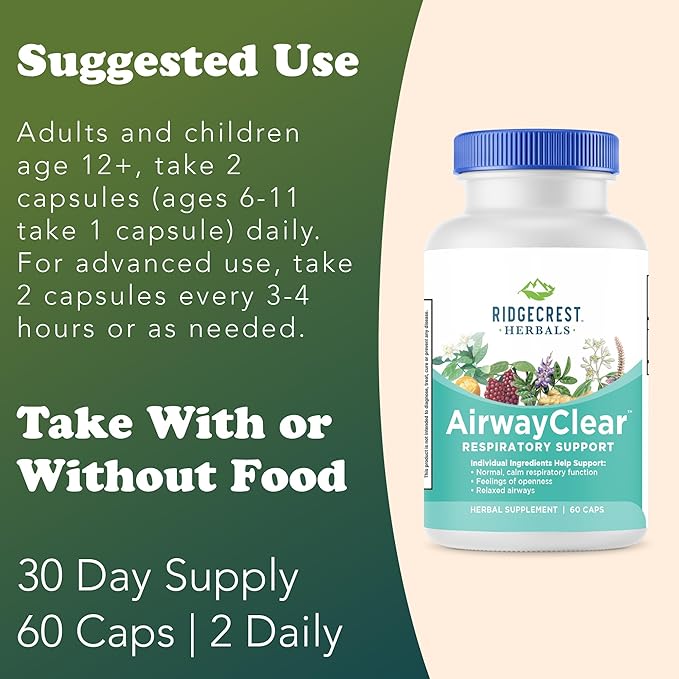 Ridgecrest Herbals AirwayClear, Lung Health and Breathing Support Supplements with Schisandra Fruit, Cassia Bark and Ginger Root, Sinus, Mucus Support, Gluten Free (60 Vegan Caps, 30 Serv)