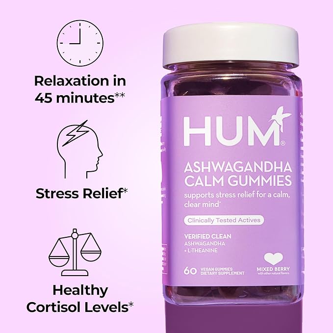 HUM Calm Ashwagandha Gummies for Women and Men, L-Theanine Ashwagandha Supplements for Daily Relaxation & Clarity Support, Vegan Fast Acting Gummy Formula, Mixed Berry Flavor, 60 Gummies