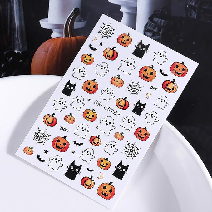 Halloween Nail Art Stickers Decals Ghost Pumpkin Halloween Design Nail Decals 3D Self-Adhesive Nail Art Supplies 6PCS Mushroom Ghost Moon Pumpkin Nails Deign Stickers for Women DIY Nail Decorations