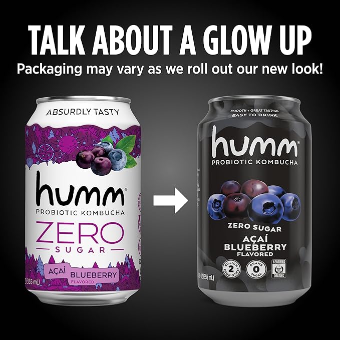 Humm Probiotic Kombucha Zero Sugar Acai Blueberry, No Refrigeration Needed, Keto Friendly, Organic, Vegan, Gluten Free, 12oz Cans (8 Pack)