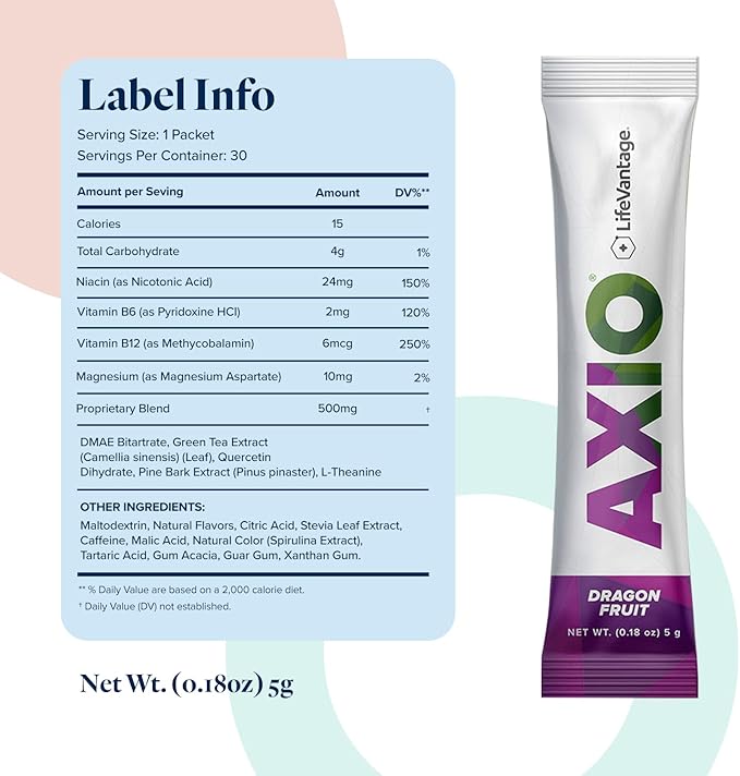 LifeVantage AXIO Regular Energy Drink Powder, Nootropic Supplement, Focus & Mood Support, with L-theanine, Green Tea, B Vitamins, DMAE, Quercetin & Pine Bark, Dragon Fruit, 30 Packets