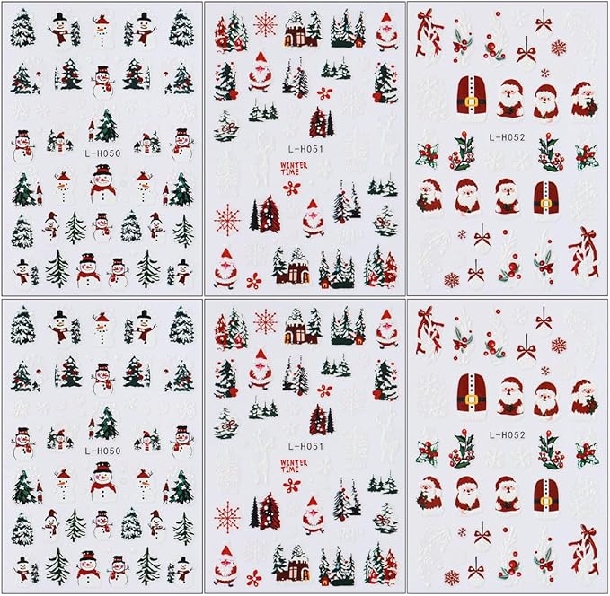 6 Sheets Christmas Nail Stickers for Nail Art Self-Adhesive Christmas Tree Snowman Nail Decoration 3D Santa Claus Nail Art Stickers Winter Xmas Snowmen Snowflake Nail Decals for Women Girls Nail Art