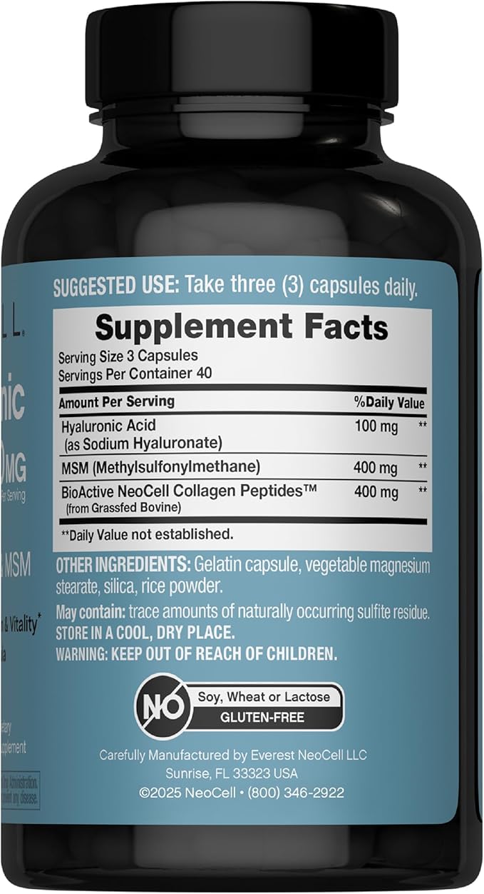 NeoCell Hyaluronic Acid Complex 900mg | 120 Capsules | with BioActive Collagen Peptides & MSM | Premium Grade Formula