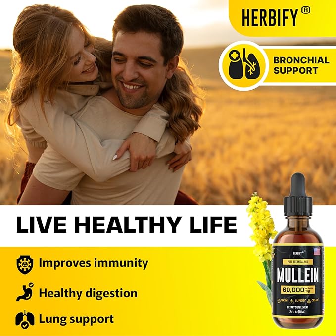 HERBIFY Mullein Extract 2 oz Tincture for Respiratory Health, Mullein Leaf and Flowers Blend (Verbascum Densiflorum)