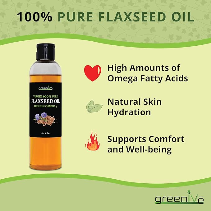 GreenIVe Flax Seed Oil Organically Grown100% Pure Cold Pressed High Vegan Omega Fatty Acids (8 Fl Oz)