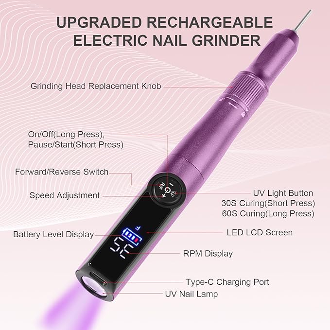 Electric Nail Drill Rechargeable Professional,2 in 1 Nail Grinder & UV Lamp Combo,35000 RPM,Portable Cordless Nail File Machine for Acrylic Nails,Gel Polishing,Shaping Nails,Manicure Art Tools