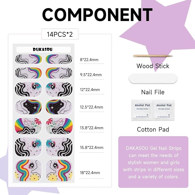 Semi Cured Gel Nail Strips (Rainbow), 28 pcs Gel Nail Stickers, Work with Any UV Lamps, Long-Lasting NailWraps for Women DIY Gift, Easy to Apply & Remove, Salon-Quality