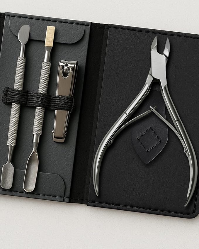 UM Supplies Cuticle Nipper with 2 Pushers and Nail Cutter 4 Pieces Travel Set Stainless Steel | Manicure Pedicure Tool for Nail Care 1/2 Jaw 14 (5mm) Double Spring